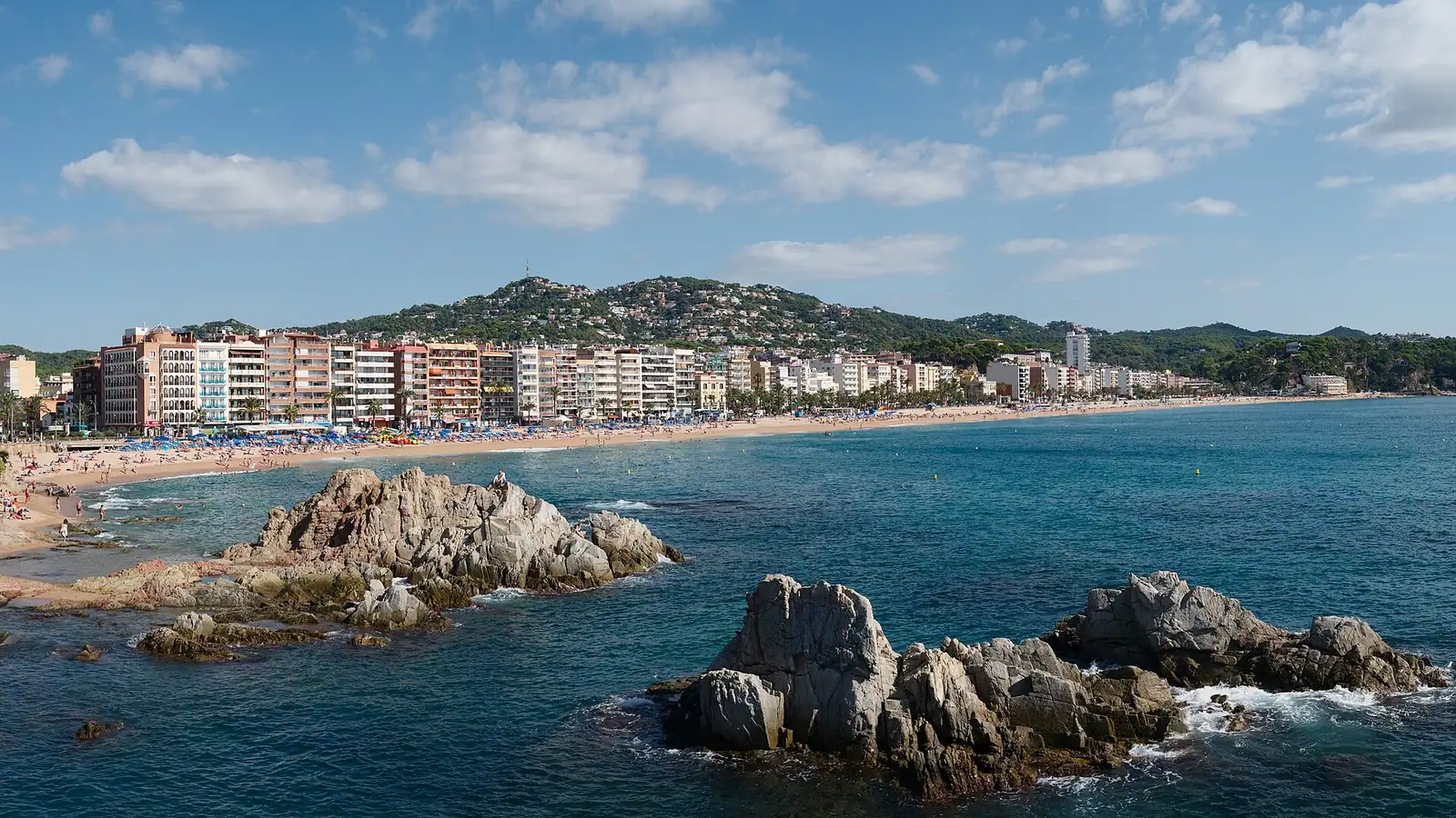 Lloret de Mar – A panoramic view of the main beach of Lloret de Mar, Costa Brava, Spain, 2018.